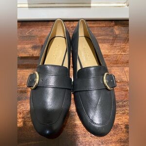 Talbots Black Leather Loafers with Gold Buckle